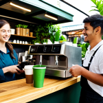 Eco-Friendly Cafe**

"A bright, inviting cafe scene. A barista in a modest uniform serves a customer. Reusable cups with a deposit system are visible. Coffee grounds are being composted in a visible bin. In the background, lush plants thrive in the cafe's outdoor area. Fully clothed, appropriate attire, safe for work, professional, perfect anatomy, natural proportions, high quality, family-friendly atmosphere."

**