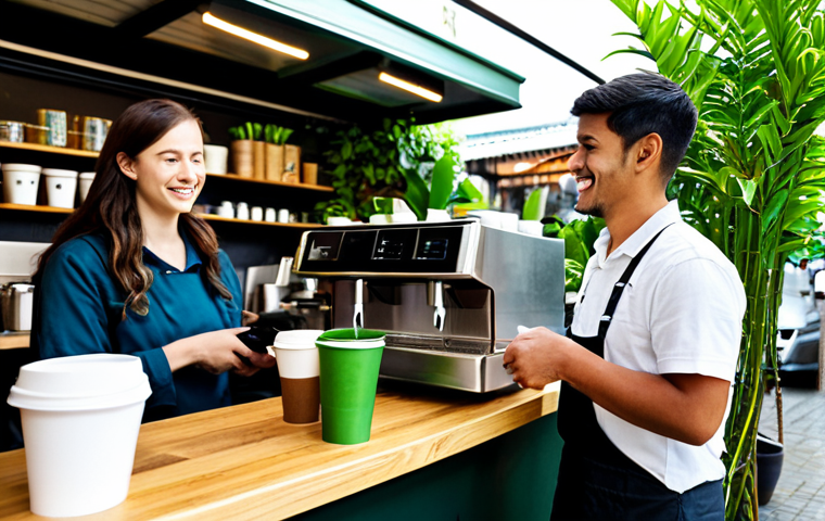 Eco-Friendly Cafe**

"A bright, inviting cafe scene. A barista in a modest uniform serves a customer. Reusable cups with a deposit system are visible. Coffee grounds are being composted in a visible bin. In the background, lush plants thrive in the cafe's outdoor area. Fully clothed, appropriate attire, safe for work, professional, perfect anatomy, natural proportions, high quality, family-friendly atmosphere."

**